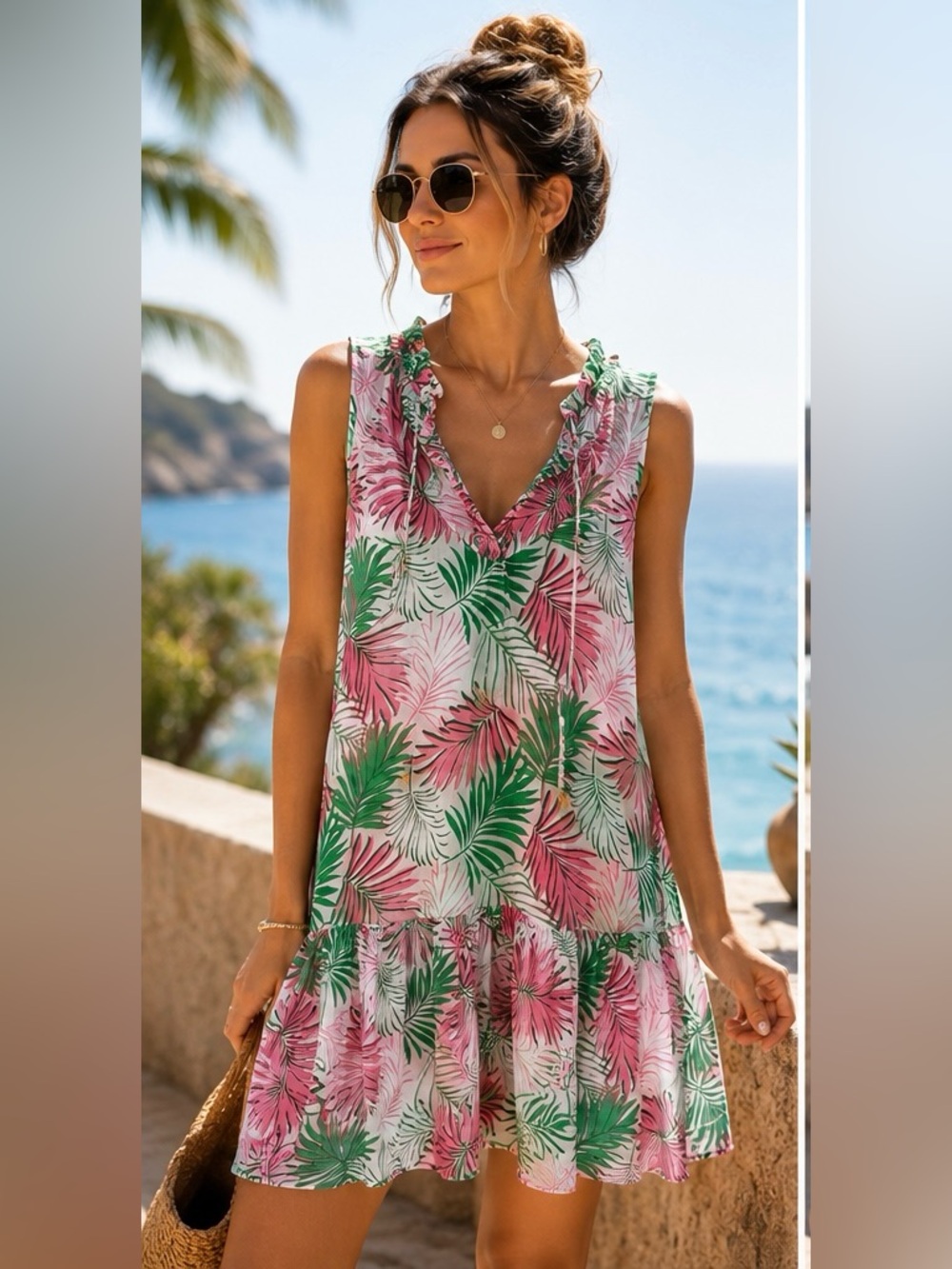 Mary Square Tropical Palm Print Tiered Dress L/XL Pink Green Sundress vacation